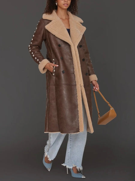 Studded Faux Shearling Coat in Brandy