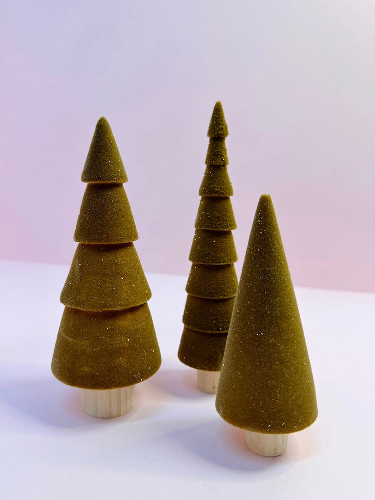 Glitter Flocked Trees Set of 3 in Brown