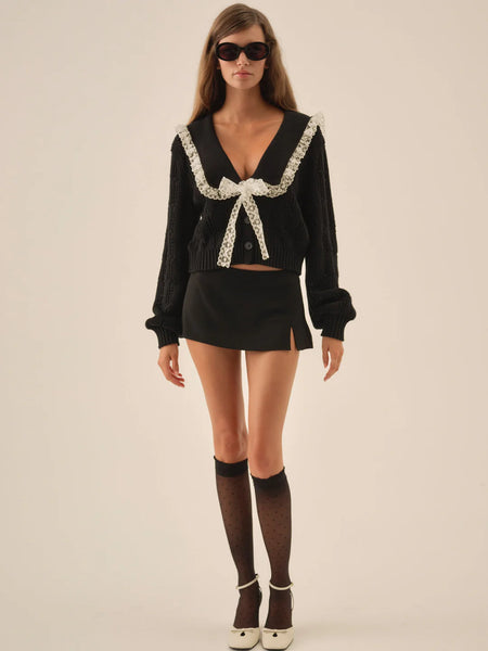 Frenchy Pointelle Knit Cardigan in Black