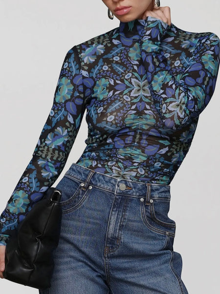 Printed Mesh Mock Neck Top in Dark Alpine