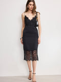 Satin Lace Slip Midi Skirt in Black