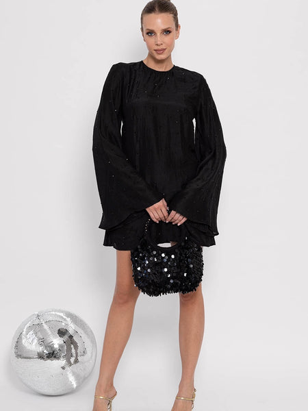 Manille Open Back Rhinestone Dress in Black