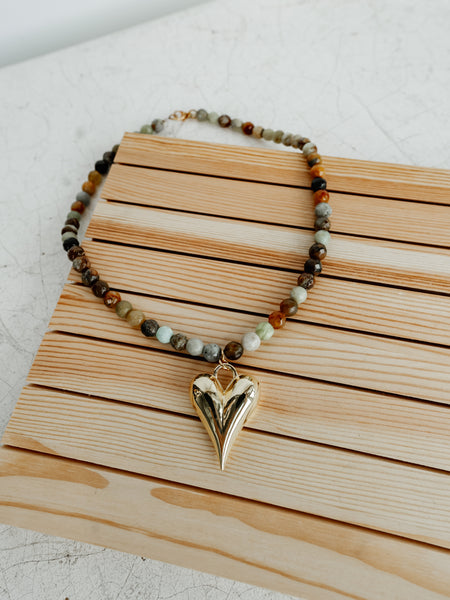 8mm Gemstone Puff Heart Necklace in Autumn Mix