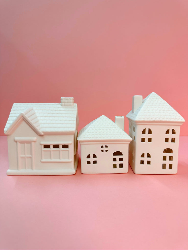 Stoneware Bisque Light Up Houses in Home Set of 3