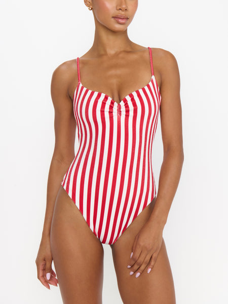 Bells Beach One Piece in Red Stripe Contour Scrunch