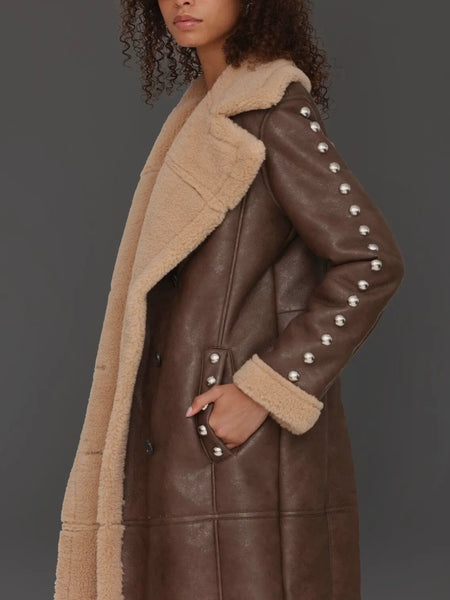 Studded Faux Shearling Coat in Brandy