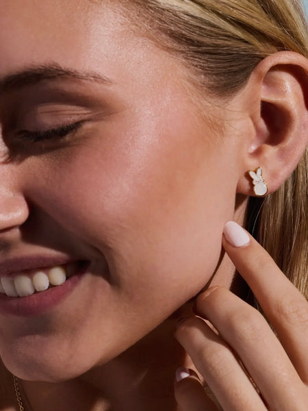 Peeps White Pearlized Bunny Studs in Gold