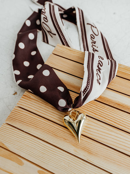 Puff Heart Scarf Necklace in Brown Polka Dot