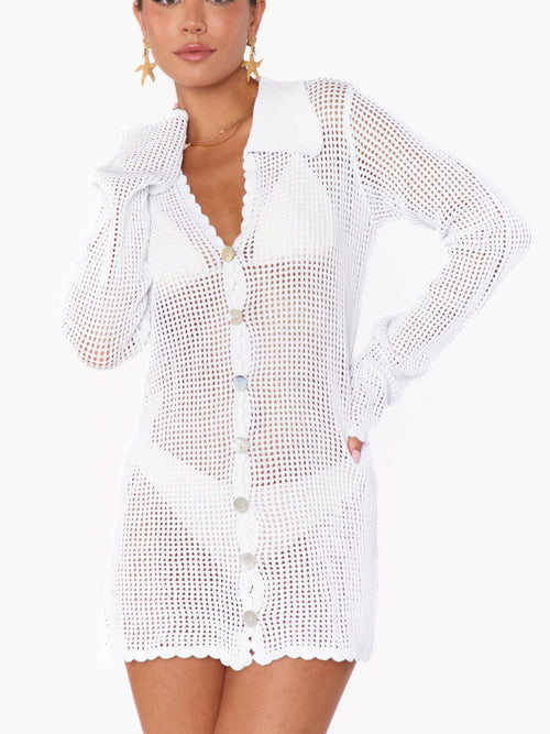 Button Up Cover Up in White Crochet
