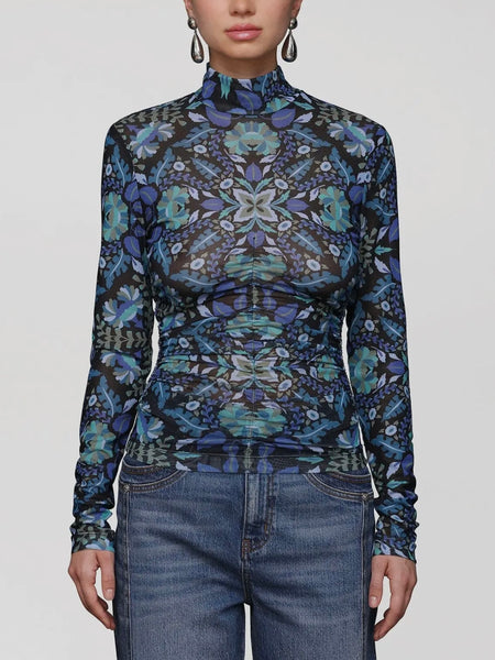 Printed Mesh Mock Neck Top in Dark Alpine