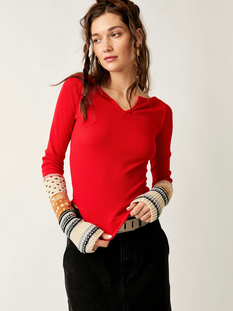 Cozy Craft Cuff Top in Red Combo