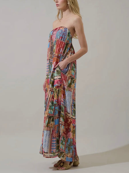 Melani Pleated Maxi Dress in Tropical Blues