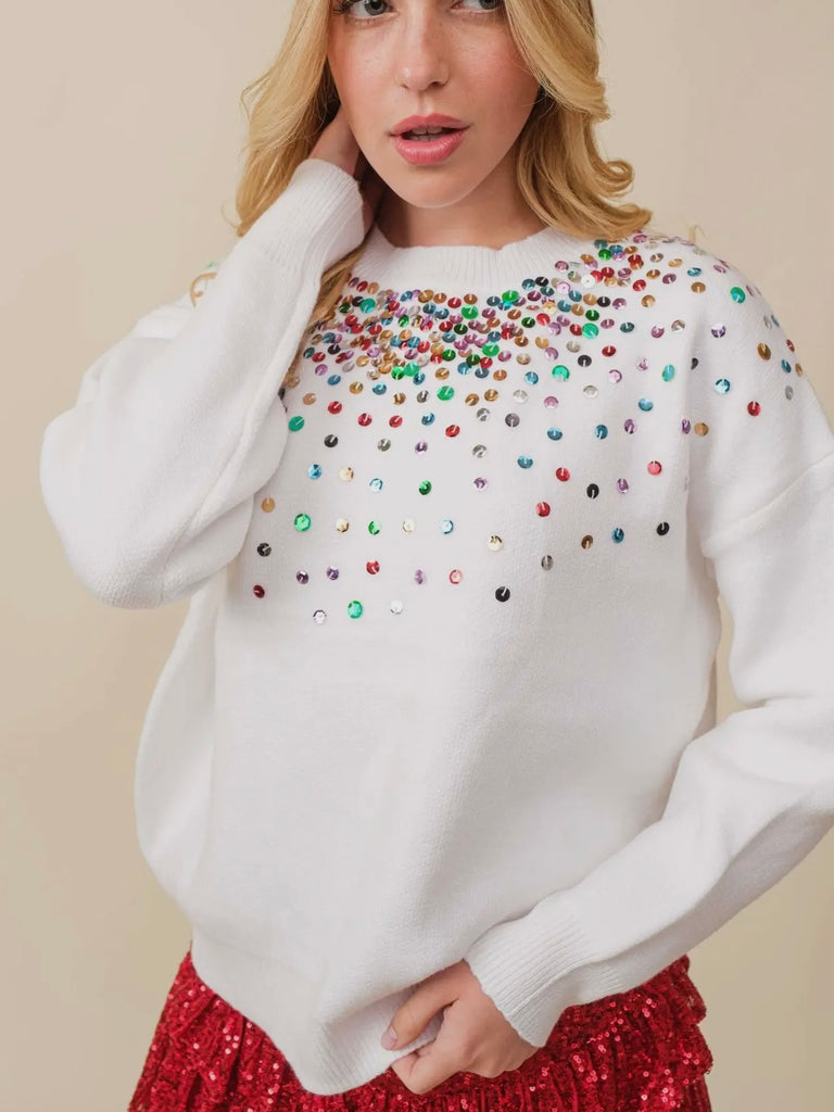 Time To Shine Sparkle Trim Sweater in White Multi