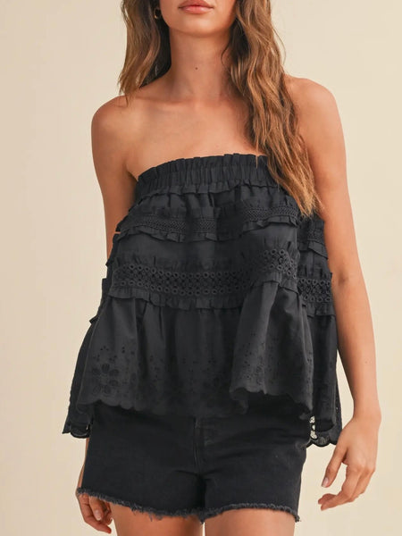 Ruffled Right Strapless Top in Black