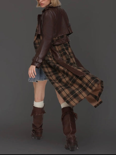 Plaid Mixed Media Faux Leather Trench in Multi