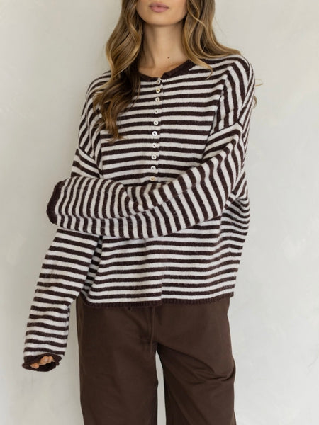 Oversized Striped Piper Henley in Brown & Cream