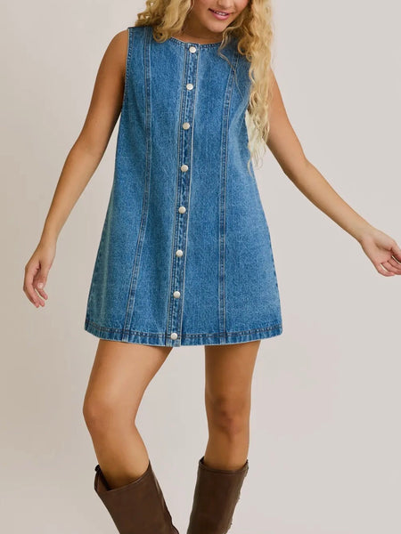 Denim Does It Mini Dress in Mid Blue