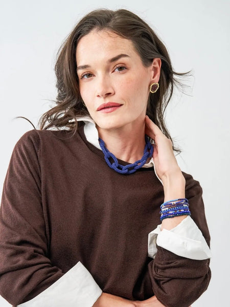 Jenna Chain Link Beaded Necklace in Navy