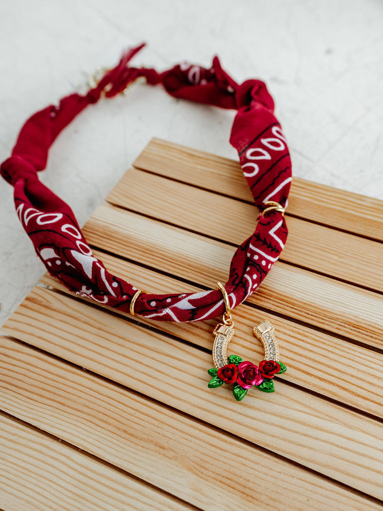 Bandana Charm Necklace in Maroon & Rose Horseshoe