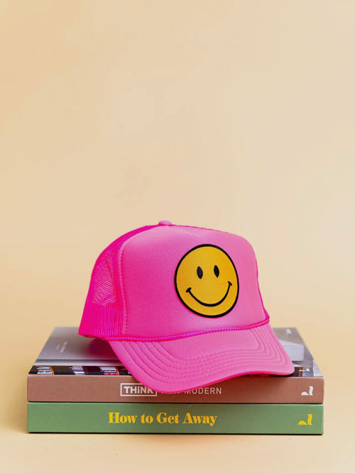 Happy Trucker Hat in Neon Pink