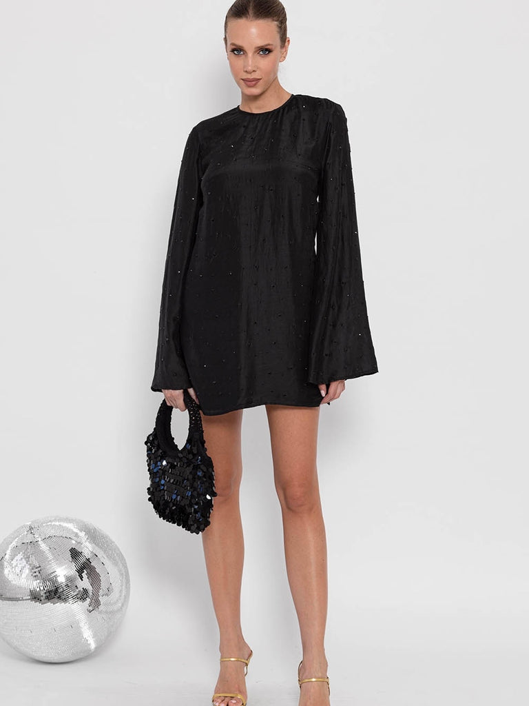 Manille Open Back Rhinestone Dress in Black