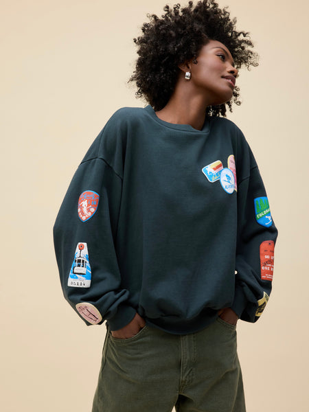 Ski Patch & Pass Collector Oversized Crew Sweatshirt in Washed Black