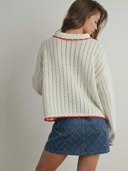 Just A Hint Knit Sweater in Ivory & Red