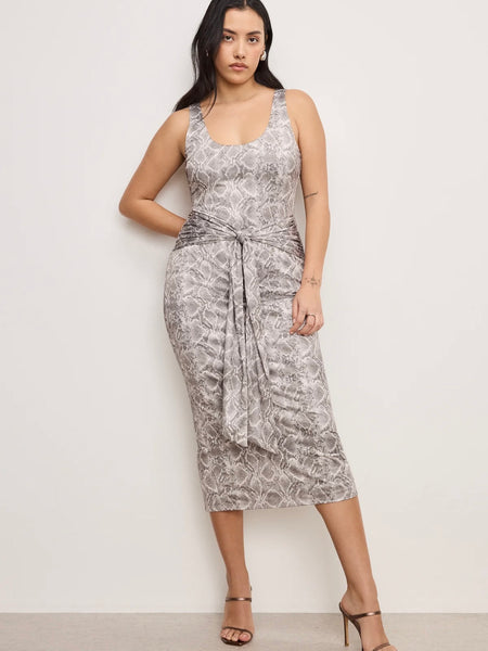 Slinky Jersey Ruched Midi Dress in Snake