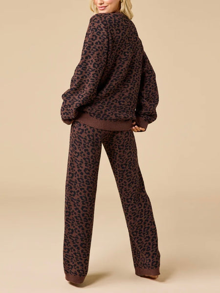 Marshmallow Leopard Crew Neck Lounge Set in Wild Espresso