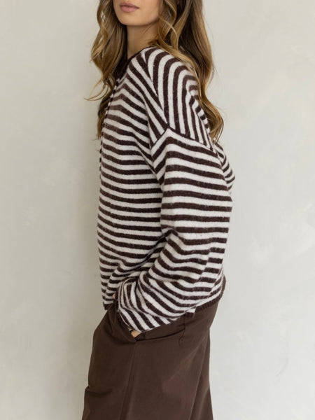 Oversized Striped Piper Henley in Brown & Cream
