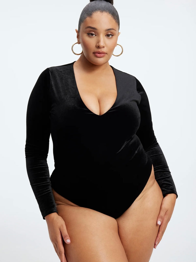 Crushed Velvet Deep V Bodysuit in Black