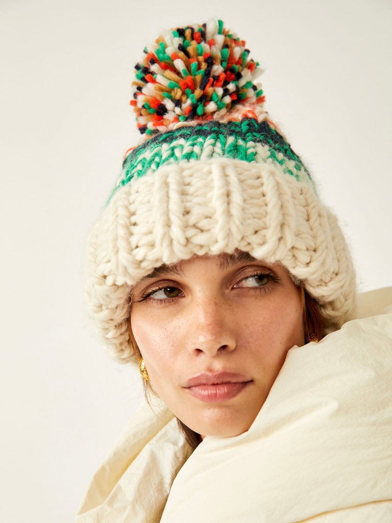 Tide Stripe Knit Pom Beanie in Ivory