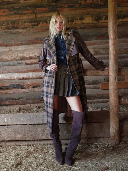 Plaid Mixed Media Faux Leather Trench in Multi