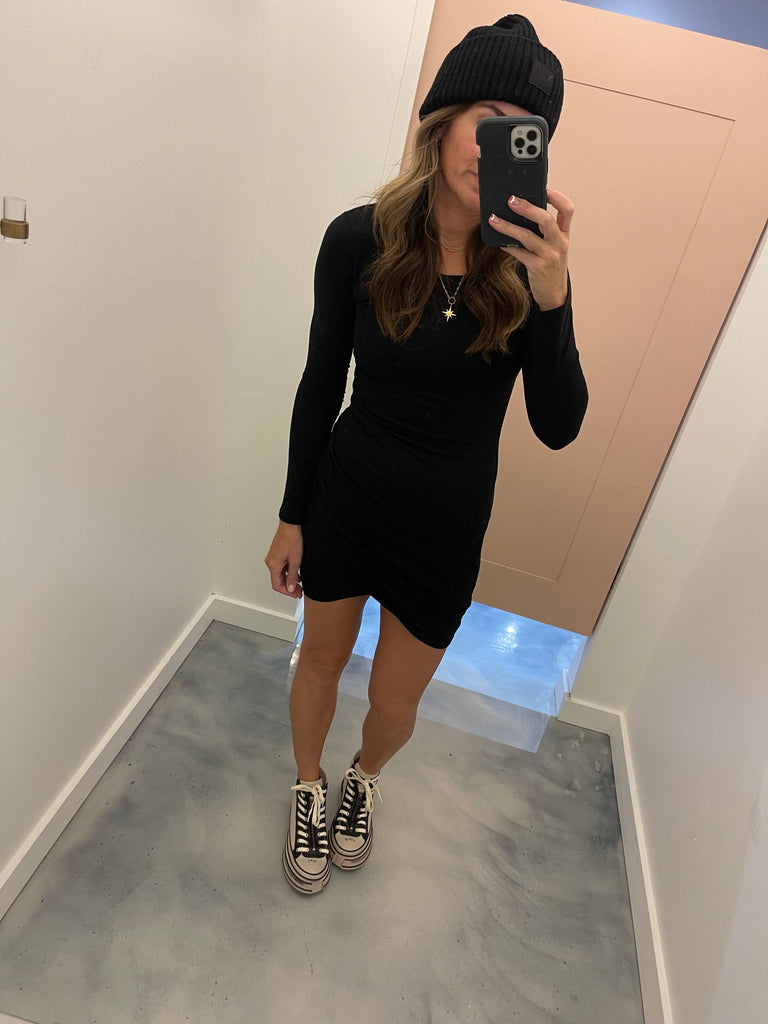 Long Sleeve Surplice Dress in Black