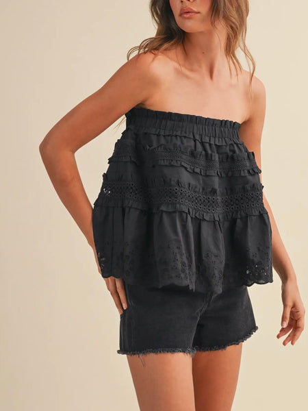 Ruffled Right Strapless Top in Black