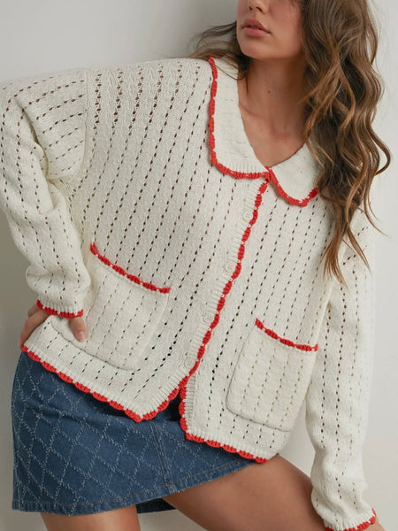 Just A Hint Knit Sweater in Ivory & Red