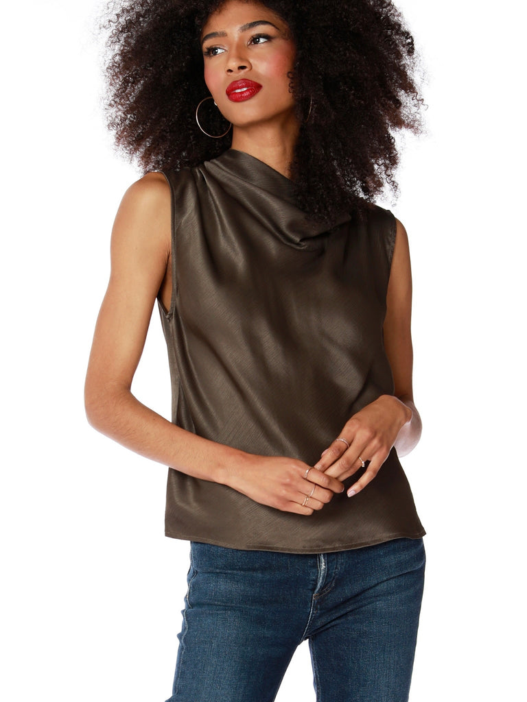Sleeveless Draped Turtleneck Blouse in Army