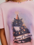 Merry Meowy Tee in Pink Combo