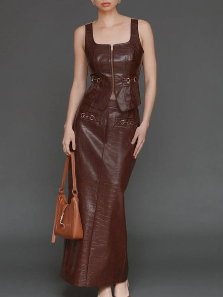 Equestrian Faux Croc Vest Top in Chocolate