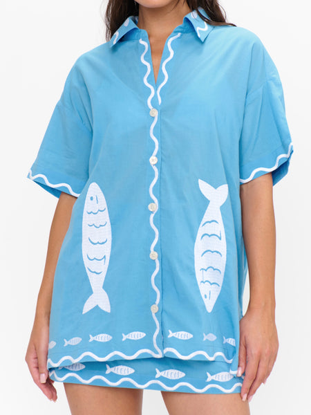 Parker Button Down in Blue Fish Embroidery