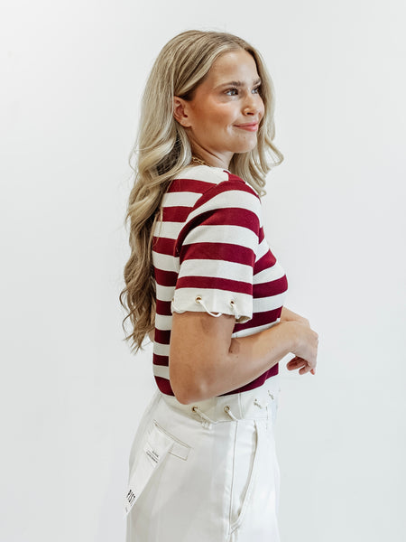 Knit Stripe Rope Embellished Top in Burgundy