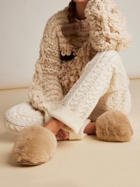 Snowball Slippers in Taupe Faux Fur