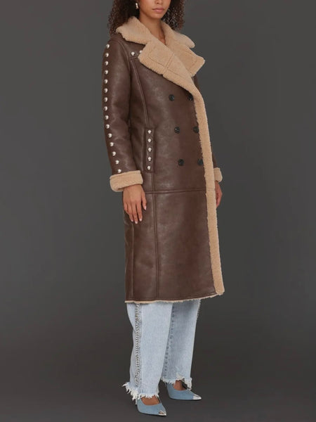 Studded Faux Shearling Coat in Brandy