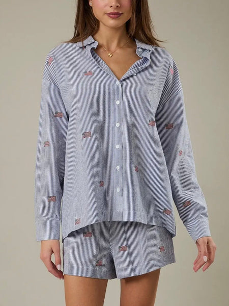 Embroidered Flag Button Down in Navy & White