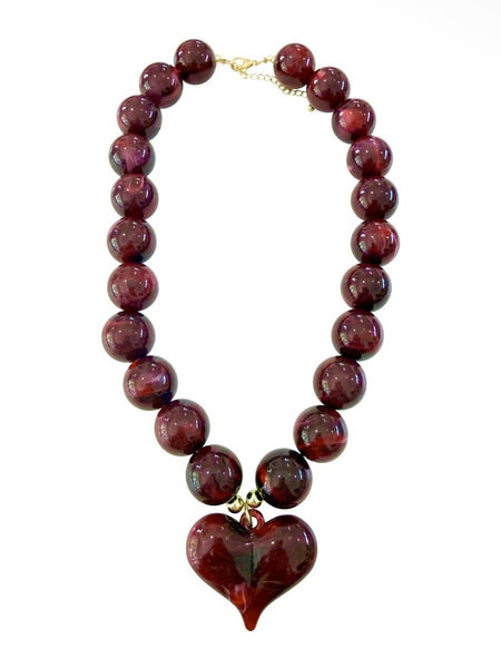 Kaiden Chunky Beaded Heart Necklace in Maroon