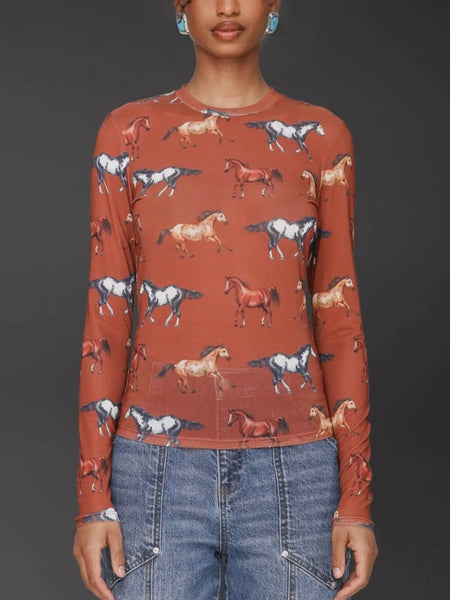 Equine Printed Mesh Long Sleeve Top in Stampede