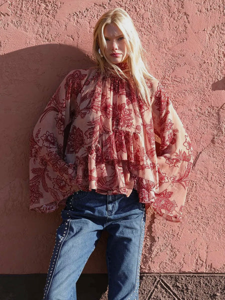 Tapestry Print Chiffon Ruffle Blouse in Batik Tapestry