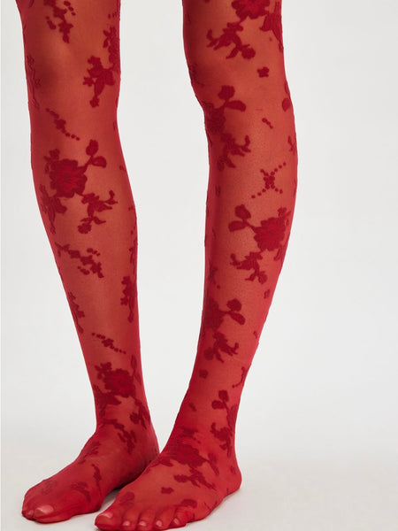 Flocked Floral Tight in Red Combo