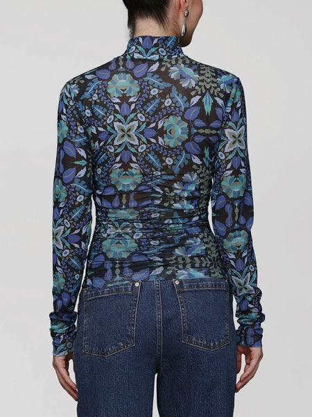 Printed Mesh Mock Neck Top in Dark Alpine