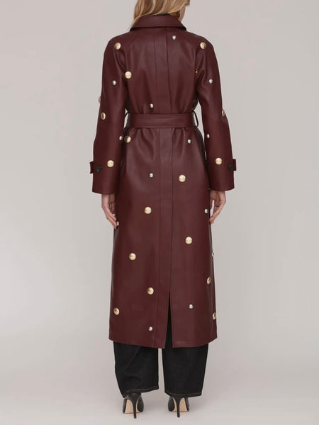 Studded Faux-Ever Leather Trench Coat in Mulberry